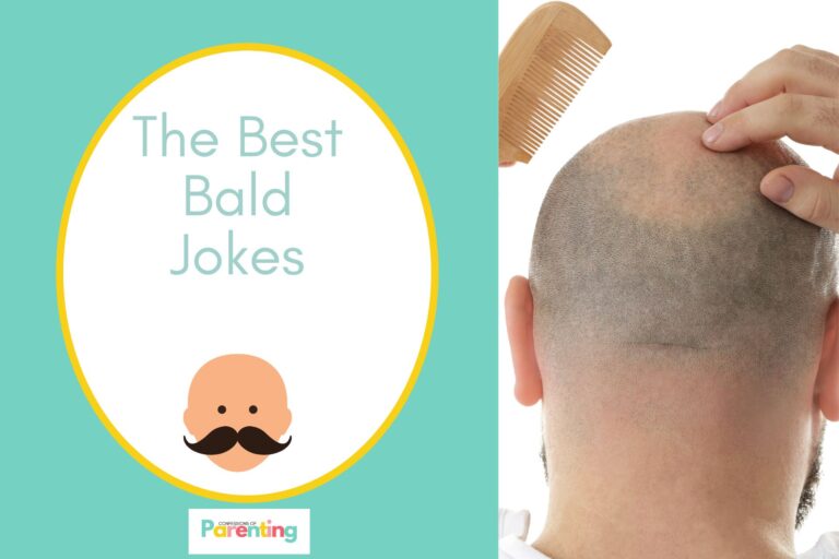 bald adult man with comb on half the image with a teal background on the left with a white oval with yellow border with a image of a bald man with mustache and teal writing " the best bald jokes"