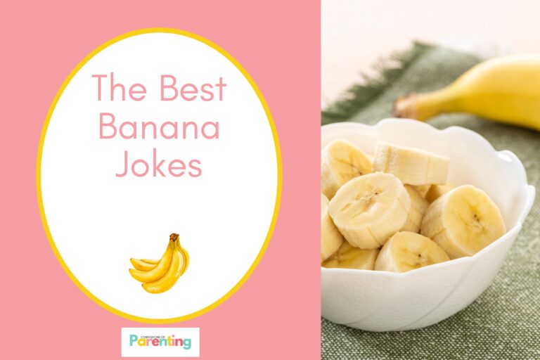a sliced banana in a plate on half the image with a pink background on the left with a white oval with yellow border with a image of yellow banana and pink writing "the best banana jokes"