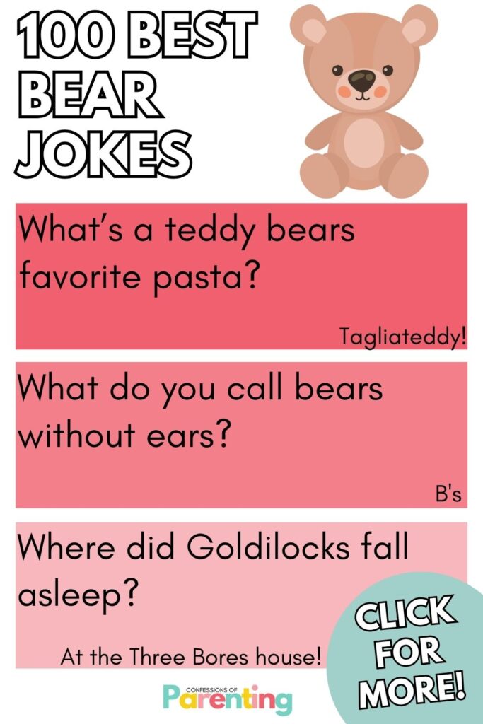 white writing "100 best bear jokes" with 3 red squares with a bear jokes and answer in each square. 
