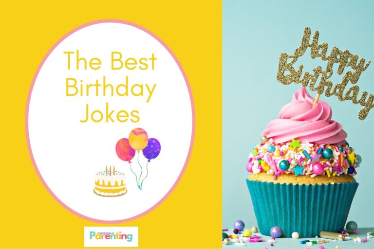 a cupcake with a topper "happy birthday" on half the image with a yellow background on the left with a white oval with pink border with a image of a cake and balloons and yellow writing "the best birthday jokes"