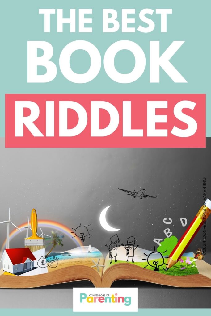 white text saying the best book riddles in teal background with an image of an open book with doodles
