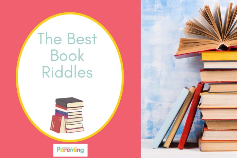 stack of colorful books on half the image with a red background on the left with a white oval with yellow border with a image of books and teal writing " the best book riddles"