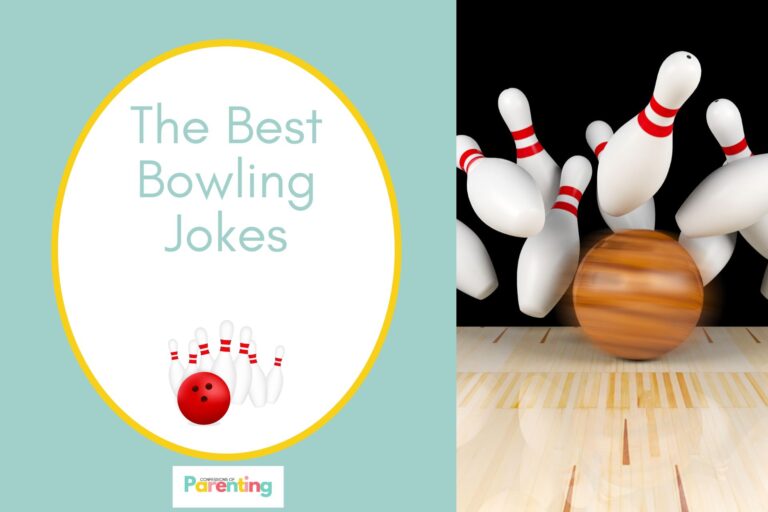 bowling strike on bowling lane on half the image with a teal background on the left with a white oval with yellow border with a image of bowling game leisure and teal writing "the best bowling jokes"