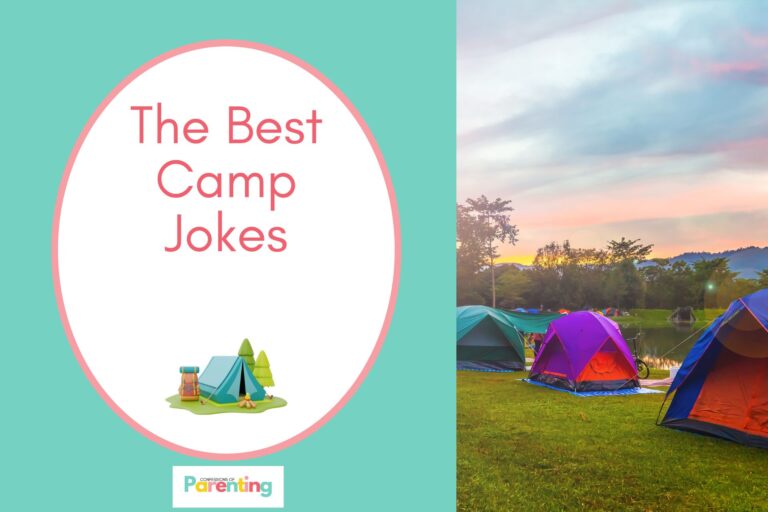 camping tents in forest on half the image with a teal background on the left with a white oval with pink border with a image of a tent, trees, and camping bag and red writing "the best camp jokes"