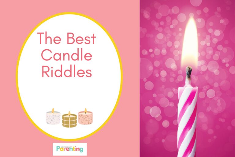 a cute pink lighted up candle on half the image with a pink background on the left with a white oval with yellow border with a image of a scented wax caandles and pink writing " the best candle riddles"