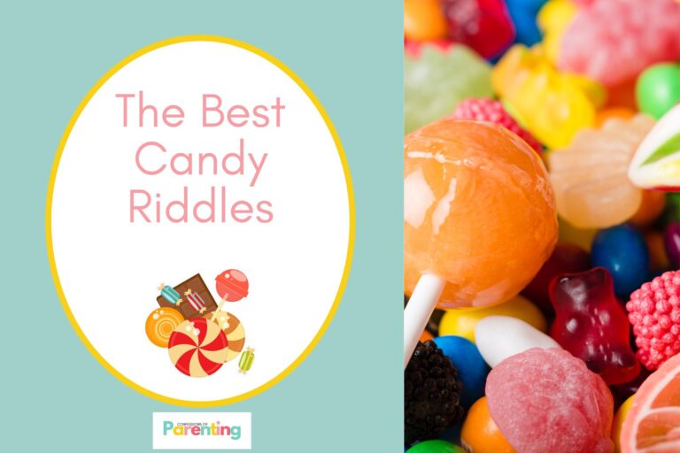 assorted sweets and candies on half the image with a teal background on the left with a white oval with yellow border with a image of sweet camdies and pinnk writing "the best candy riddles"