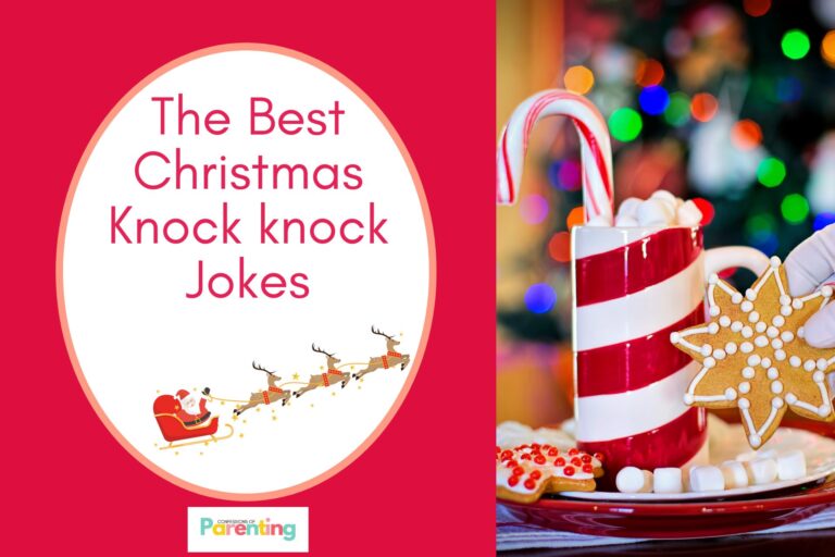 santa claus hand holding a cookie on half the image with a red background on the left with a white oval with light red border with a image of santa with reindeer sleigh and red writing "the best christmas knock knock jokes"