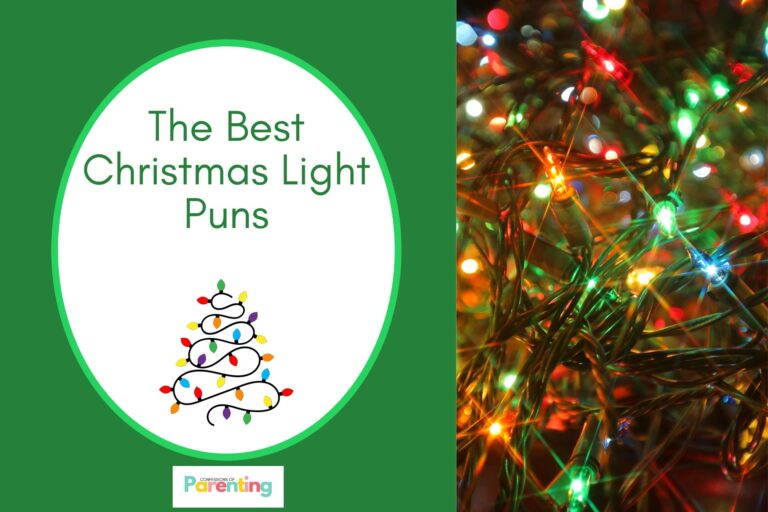 close up photo of christmas lights on half the image with green background on the left with a white oval with green border with a image of light shaped like a tree and green writing " the best christmas light puns"