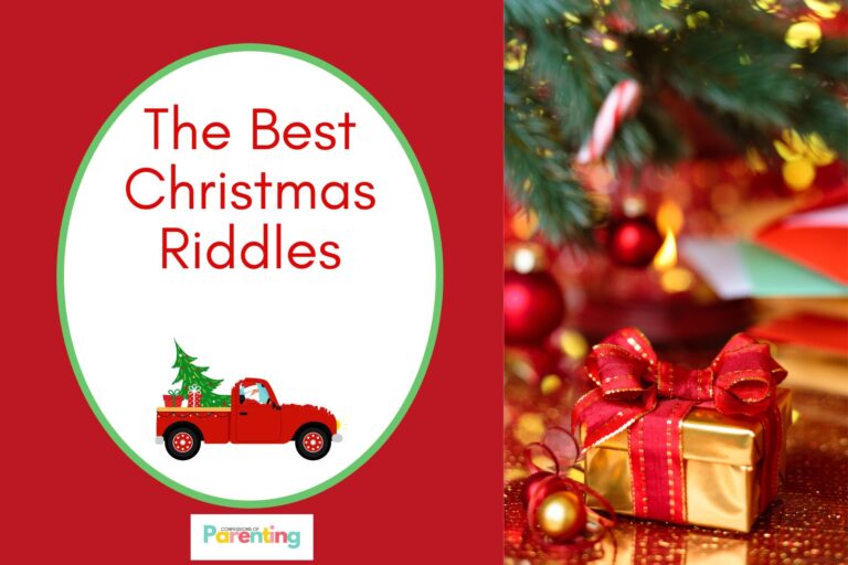 gift and christmasa decors on half the image with dark red background on the left with a white oval with green border with a image of santa driving a truck car and dark red writing " the best christmas riddles"