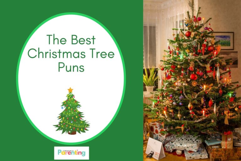 Traditional Christmas Tree with gifts under on half the image with green background on the left with a white oval with green border with a image of lighted lights on a tree and green writing " the best christmas tree puns"