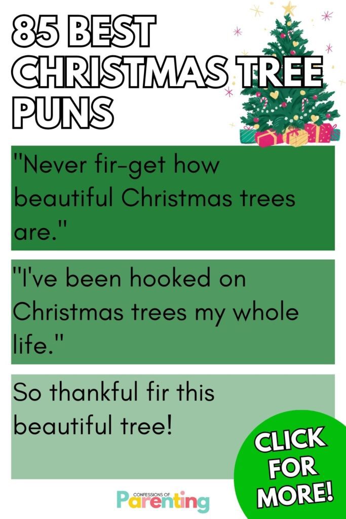 white writing "85 best christmas tree puns" with 3 green squares with a best christmas tree puns and answer in each square. 

