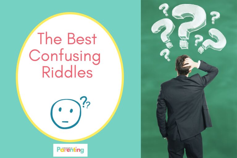 man being confused on half the image with teal background on the left with a white oval with yellow border with a image of a emoji with question mark on top of head and red writing " the best confusing riddles"