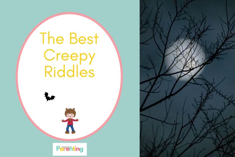 silhouette of tree during night on half the image with a teal background on the left with a white oval with pink border with a image of a a werewolf and a bat and yellow writing "the best creepy riddles"