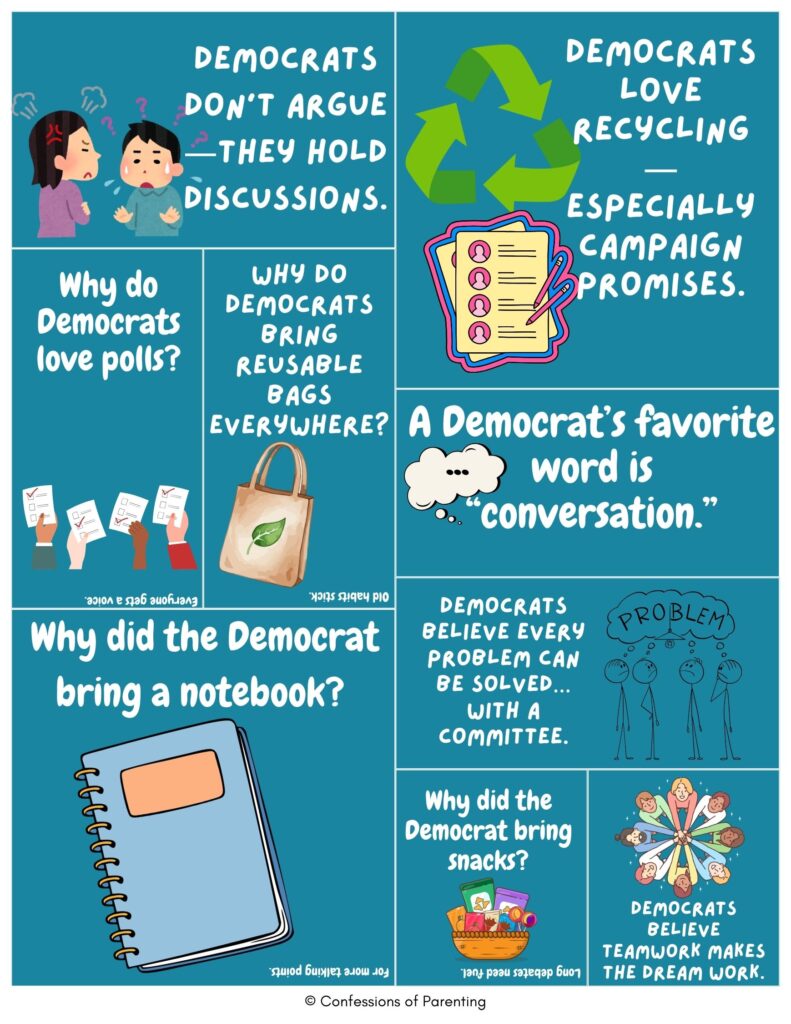 Cartoon political jokes collage with recycling symbol, notebook, and voters showing funny Democrat puns and humor on blue background image