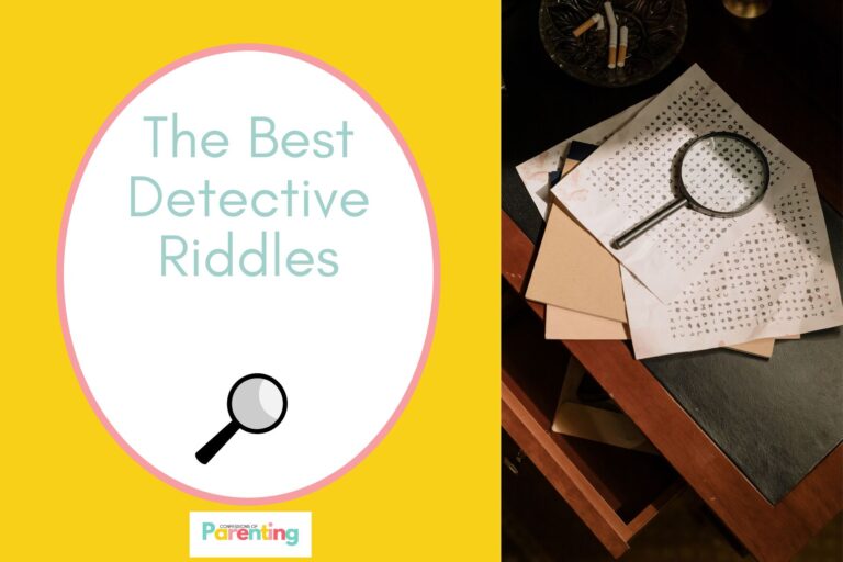 a characters code on a paper and magnifying glass on half the image with a yellow background on the left with a white oval with pink border with a image of a black magnifying glass and teal writing "the best detective riddles"