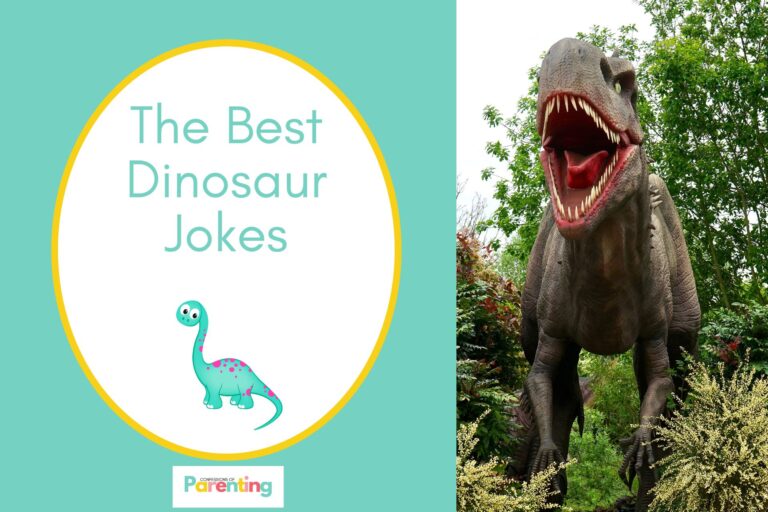 a brown T-rez roaoring on half the image with a light turquoise background on the left with a white oval with yellow border with a image of a Trex and light turquoise writing "the best dinosaur jokes"