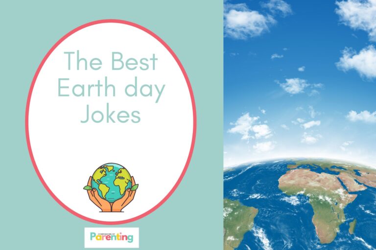 a planet earth with cloudy sky on half the image with a teal background on the left with a white oval with red border with a image of earth day illustration and teal writing "the best earth day jokes"