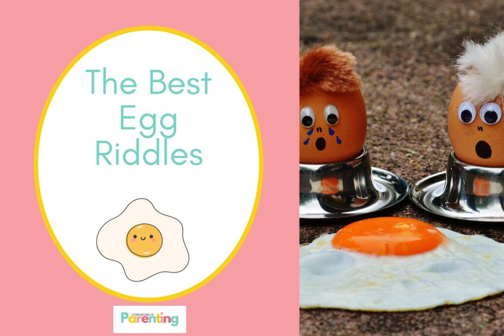 two brown eggs and a sunny side up on the flooor on half the image with a pink background on the left with a white oval with yellow border with a image of  cooked egg and teal writing "the best egg riddles"