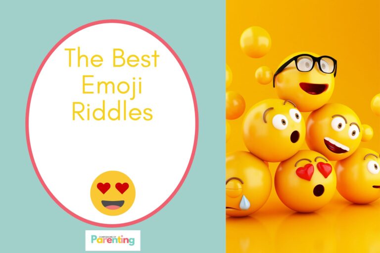different emojis on half the image with teal background on the left with a white oval with red border with a image of heart eyed emoji and yellow writing " the best emoji riddles"