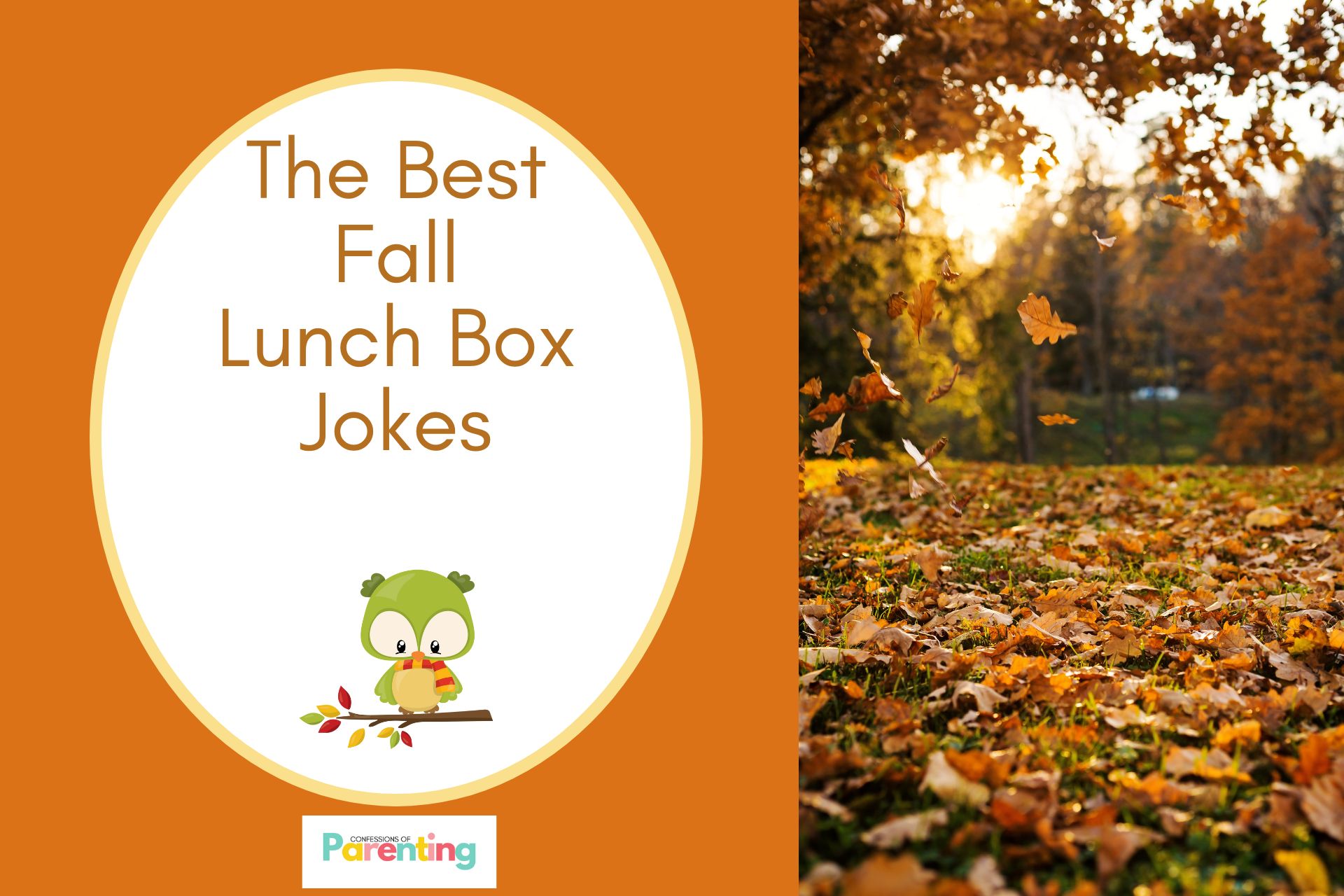 dry leaves on grass on half the image with a orange background on the left with a white oval with yellow border with a image of green owl on a branch and brown writing "the best fall lunch box jokes"