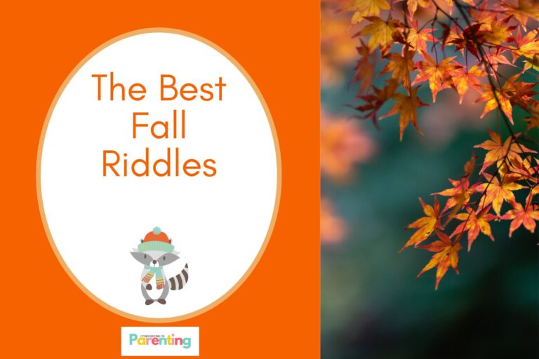 autumn leaves on half the image with a orange background on the left with a white oval with light orange border with a image of cute fall animal wearing scarf and red writing "the best fall riddles"