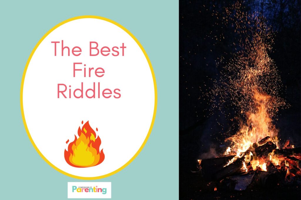 bonfire in a forest on half the image with a teal background on the left with a white oval with yellow border with a image of flame illustration and red writing "the best fire riddles"