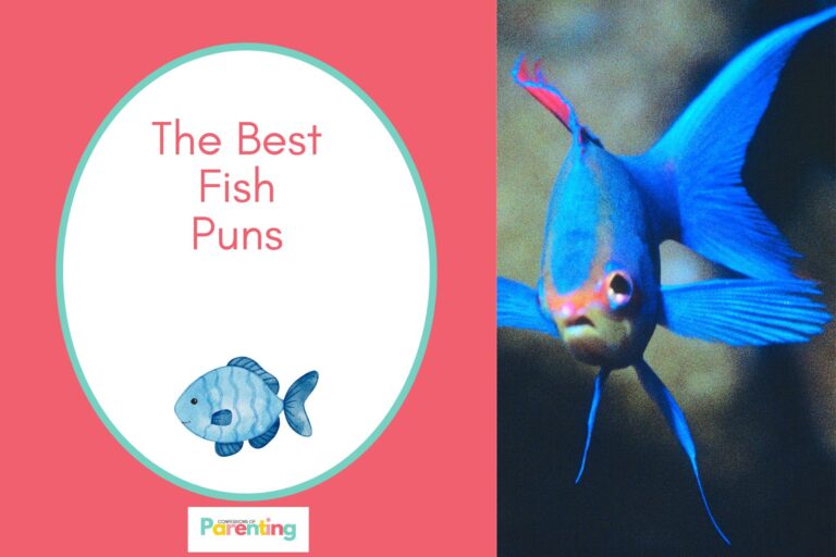 blue fish swimming underwater on half the image with red background on the left with a white oval with teal border with a image of cute blue fish and red writing " the best fish puns"