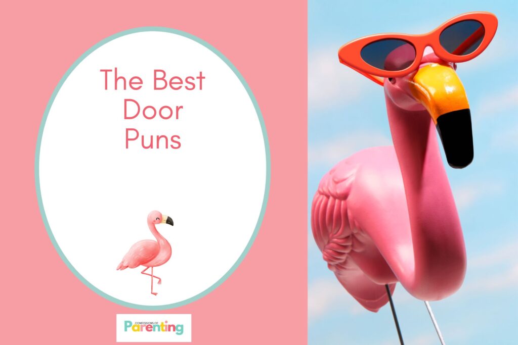 cute flamingo waering red glasses on half the image with pink background on the left with a white oval with teal border with a image of a pink flamingo and red writing " the best flamingo puns"
