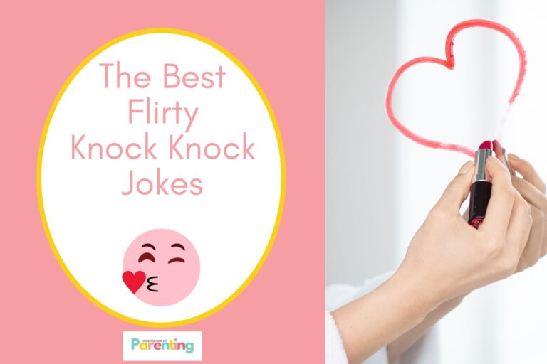 hand of a flirty female writing on a drawing a heart on mirror on half the image with a pink background on the left with a white oval with yellow border with a image of a cute flirty emoji and pink writing "the best flirty knock knock jokes"