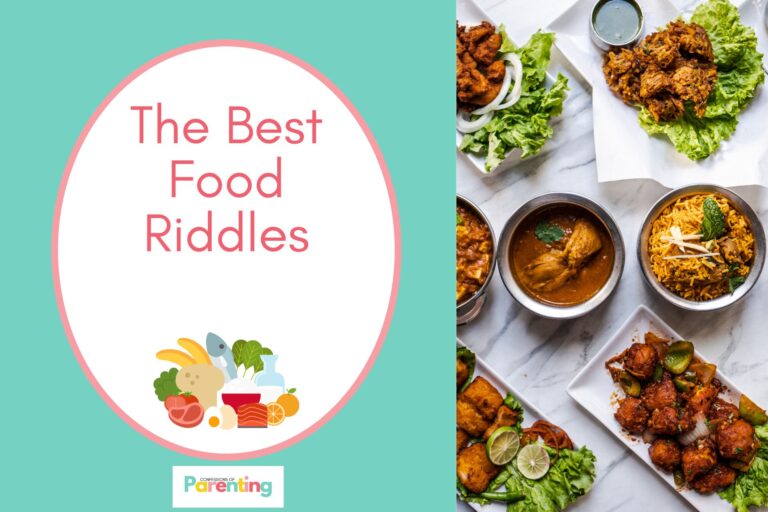 different types of dishes on half the image with a teal background on the left with a white oval with pink border with a image of group of healthy food and red writing "the best food riddles"