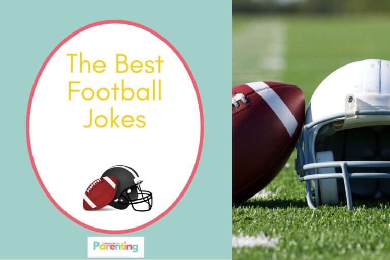 helmet on american football field on half the image with a teal background on the left with a white oval with red border with a image of helmet and ball and yellow writing "the best football jokes"