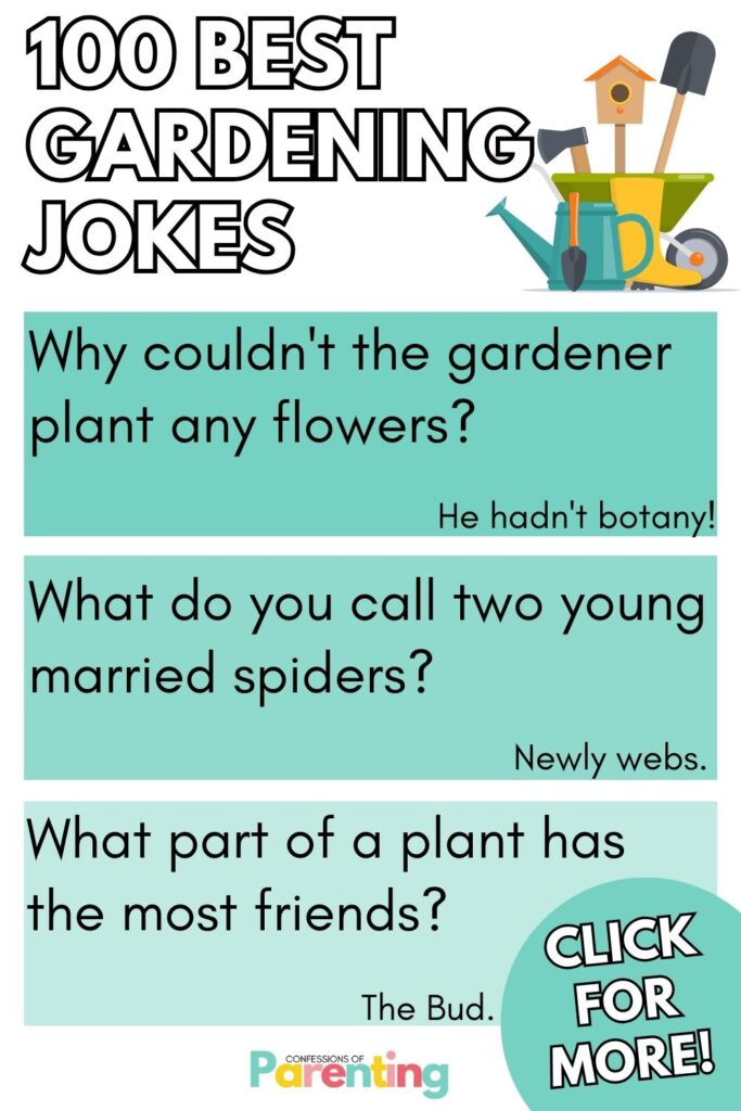 white writing "100 best gardening jokes" with 3 teal squares with a best gardening jokes and answer in each square. 
