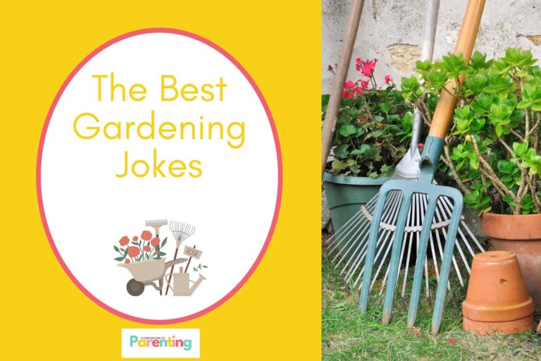 gardening tools for maintenance on half the image with a yellow background on the left with a white oval with red border with a image of a roses with gardening tools and pink writing "the best gardening jokes"