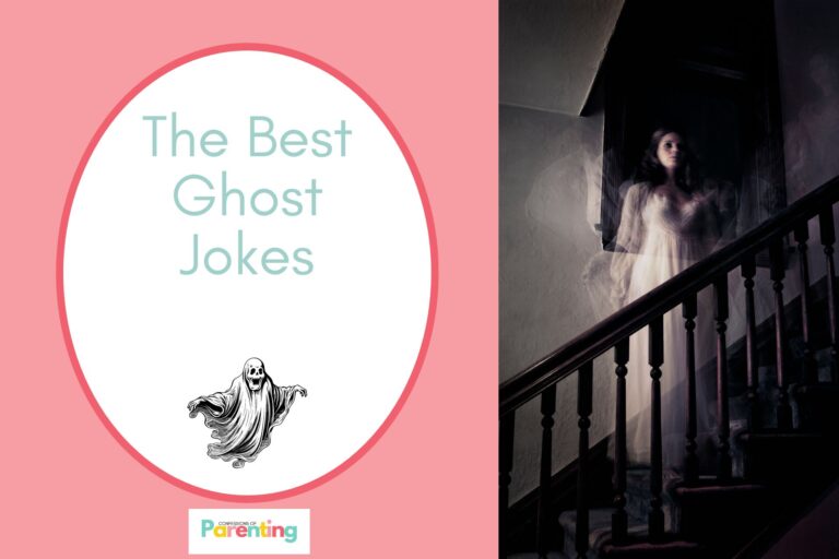 a ghost woamn on haunted staircase on half the image with a pink background on the left with a white oval with red border with a image of a ghost outline and teal writing "the best ghost jokes"