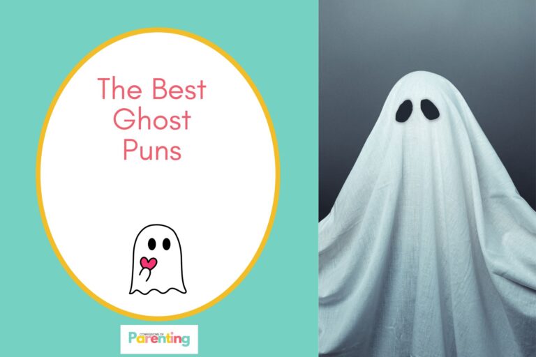 spooky white ghost on half the image with teal background on the left with a white oval with yellow border with a image of cute ghost holding a red heart and red writing " the best ghost puns"