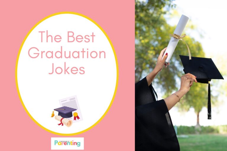 a student holding diploma and graduation hat on half the image with a pink background on the left with a white oval with yellow border with a image of a graduation hat and diploma and pink writing "the best graduation jokes"