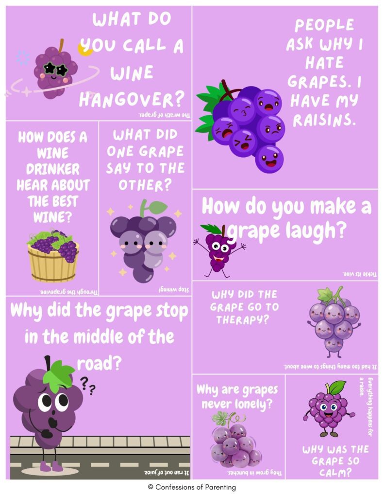 Cartoon grapes with funny grape jokes and puns like wine hangover and make a grape laugh on purple background printable collage design image