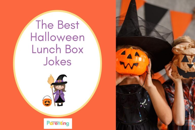 two kids covering their face with halloween bucket on half the image with a orange background on the left with a white oval with yellow border with a image of a bucket and a witch holding a broom and purple writing "the best halloween lunch box jokes"
