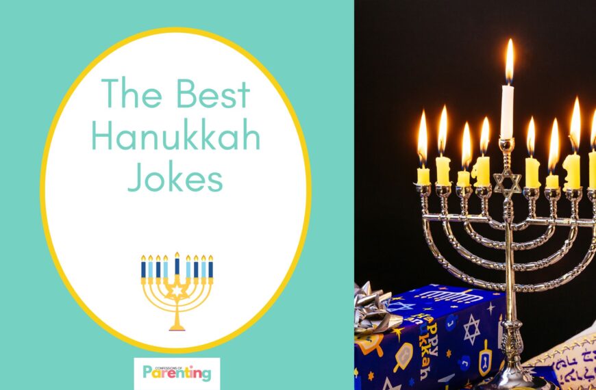 a hanukkah menorah with gift on half the image with a teal background on the left with a white oval with yellow border with a image of a nine-branched candelabrum lit and teal writing "the best hanukkah jokes"