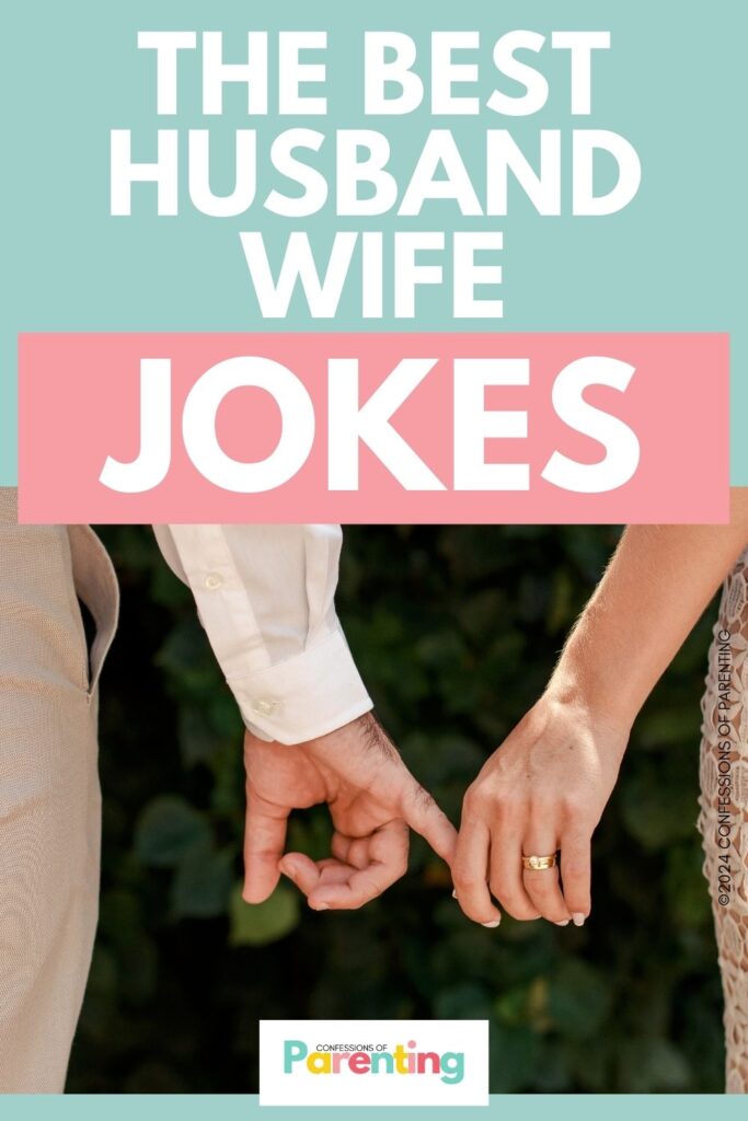 white text saying the best husband wife jokes in teal background with an image of couple with holding hands wearing golden rings
