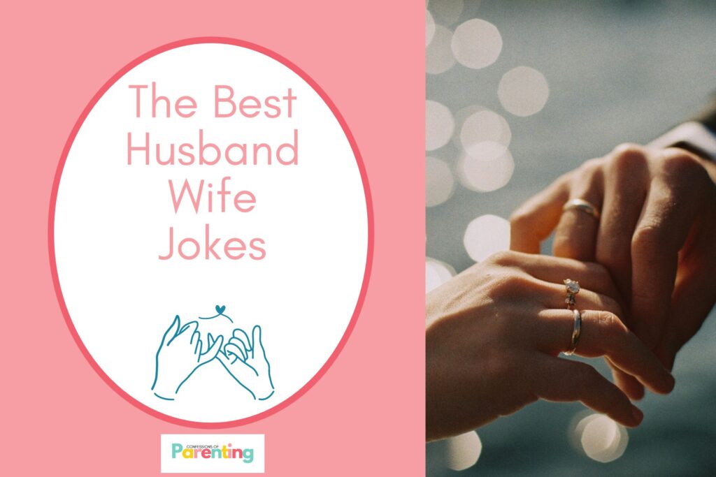 hands of husband and wife with thier wedding rings on half the image with a pink background on the left with a white oval with red border with a image of a pinky promise and pink writing "the best husband wife jokes"