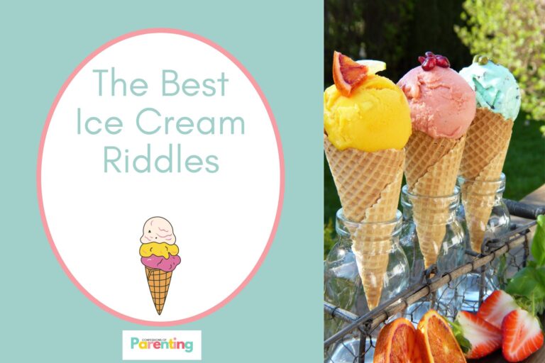three cones of ice cream in yellow, pink and blue on half the image with teal background on the left with a white oval with pink border with a image of three scoop of ice cream in a cone and teal writing " the best ice cream riddless"