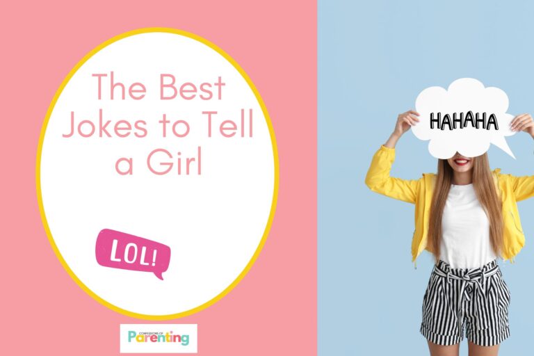 a gril holding a "HAHAHA" speech bubble on half the image with a pink background on the left with a white oval with yellow border with a image of a "LOL!" speech bubble and pink writing "the best jokes to tell a girl"