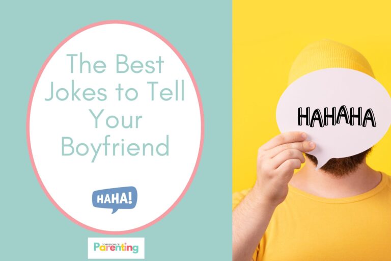 a man holding a "HAHAHA" speech bubble on half the image with a teal background on the left with a white oval with pink border with a image of a "HAHA!" speech bubble and teal writing "the best jokes to tell your boyfriend"