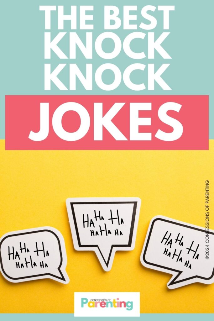 white text saying the best knock knock jokes in yellow background with an image of three speech bubble with "HA HA HA HA HA" on it
