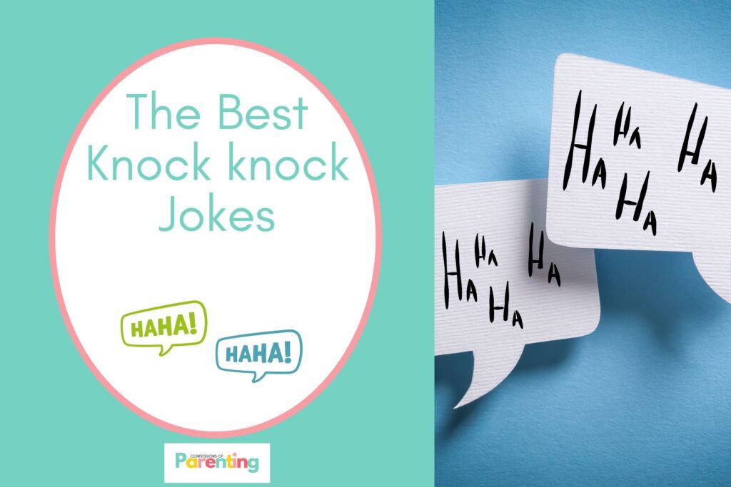 speech bubble on half the image with a teal background on the left with a white oval with pink border with a image of two speech bubble "HAHA!" and teal writing "the best knock knock jokes"