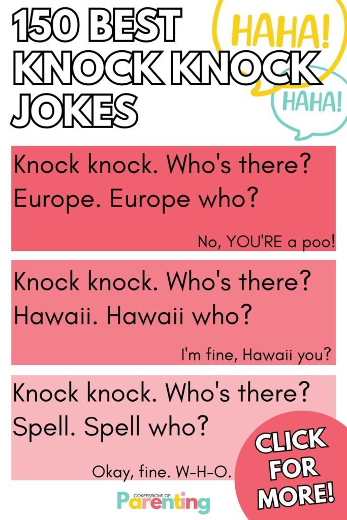 white writing "150 best knock knock jokes" with 3 red squares with a best knock knock jokes and answer in each square. 
