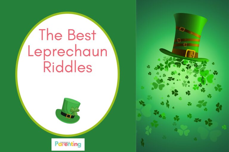 leprechaun hat and clover leaves on half the image with dark green background on the left with a white oval with light green border with a image of a hat qand red writing " the best leprechaun riddles"