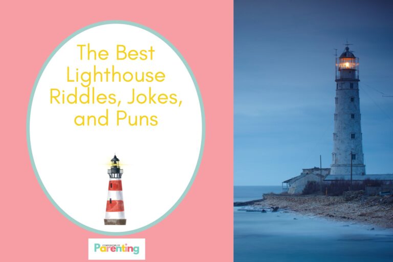 lighthouse at night on half the image with pink background on the left with a white oval with teal border with a image of red and white lighthouse and yellow writing " the best lighthouse riddles, jokes, and puns"
