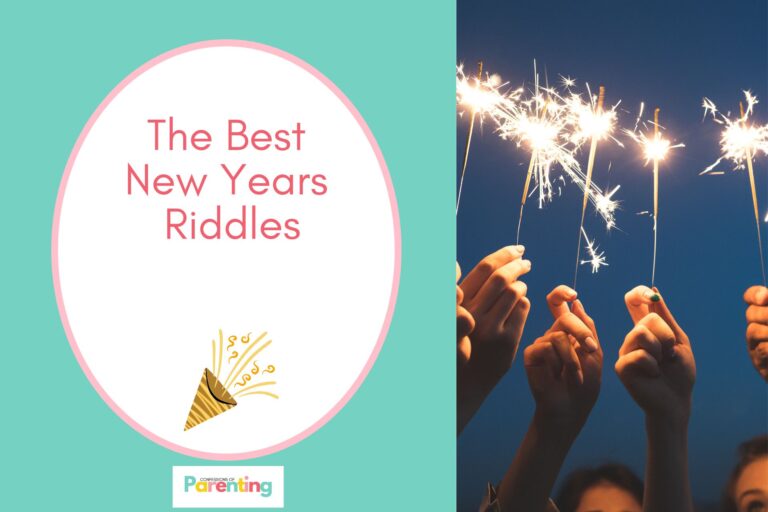 group of friends holding a sparklers on half the image with teal background on the left with a white oval with pink border with a image of a party popper and red writing " the best new years riddles"